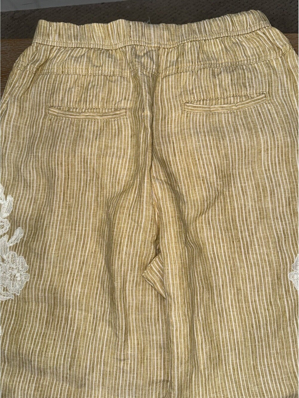 Anthropologie Linen Yellow Striped Pants 26.5" Embroidered SIZE XS Beach Summer - Picture 7 of 8